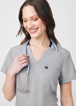 Heather Light Gray Beyond Happy 3-Pocket Bodysuit Scrubs