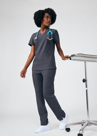 Pewter Beyond Happy 3-Pocket V-Neck Top Scrubs
