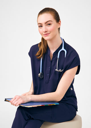 Navy Beyond Indulgence 3-Pocket Mandarin Split Collar Top Scrubs