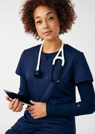 Heather Navy VIBE 1-Pocket Long-Sleeve Tee Scrubs